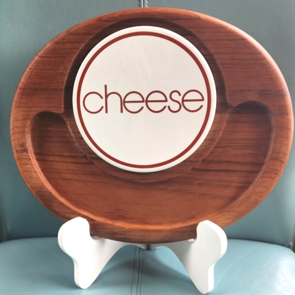 70s 80s CHEESE Wood Cutting Board w White Tile GRAPHICS  RV Home Party GOODWOOD